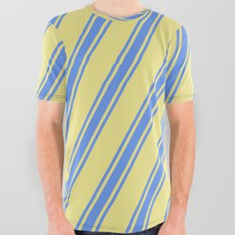 [ Thumbnail: Tan & Cornflower Blue Colored Lines/Stripes Pattern All Over Graphic Tee ]