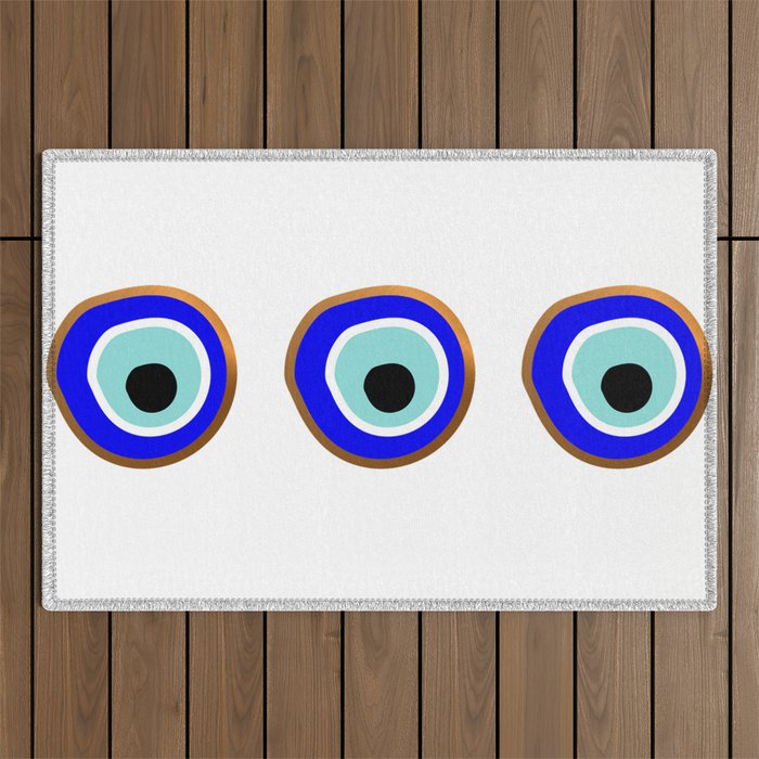 Grecian Gold evil eye in blue on white Outdoor Rug
