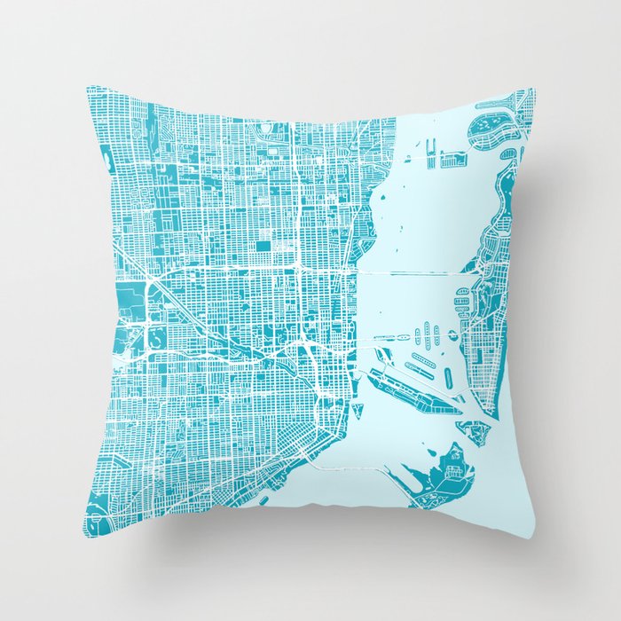 Miami Map | Blue & Cyan | More Colors, Review My Collections Throw Pillow