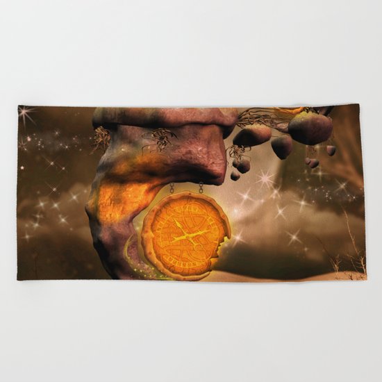 Fantasy world with flying rocks with clocks Beach Towel