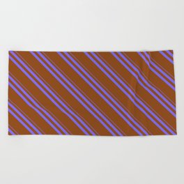 [ Thumbnail: Medium Slate Blue and Brown Colored Striped Pattern Beach Towel ]