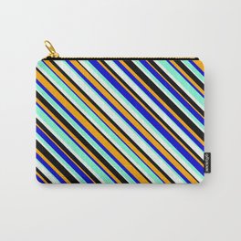 [ Thumbnail: Vibrant Mint Cream, Black, Orange, Blue & Aquamarine Colored Lined/Striped Pattern Carry-All Pouch ]