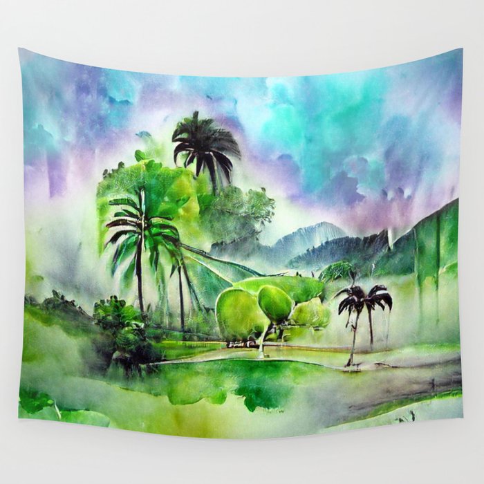 Watercolor Green and Blue Tropical Oasis Wall Tapestry