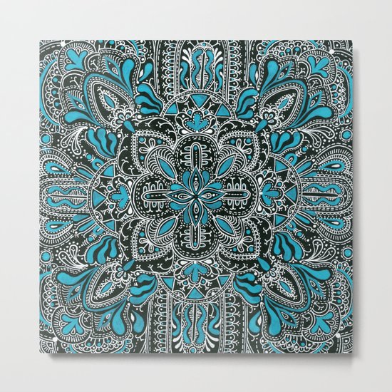 White turquoise symmetrical mandala line pattern Metal Print