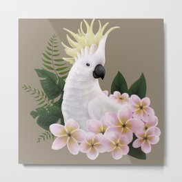 Sulphur Crested Cockatoo Metal Print | Parrot, White, Tropical, Digital, Sulphur, Leaves, Painting, Cockatoo, Frangipanis, Sulphurcrested 