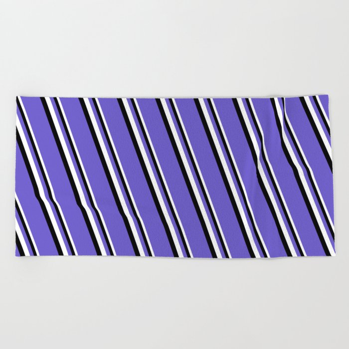 White, Black & Slate Blue Colored Stripes Pattern Beach Towel