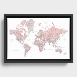 Dusty pink and grey detailed watercolor world map Framed Canvas