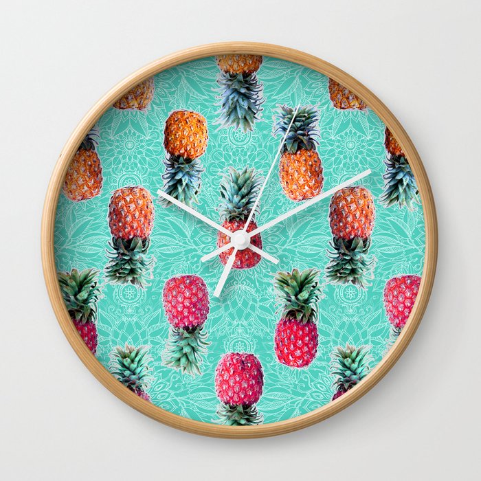 From Pineapple to Pink - tropical doodle pattern on mint Wall Clock