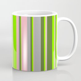 [ Thumbnail: Light Pink, Dark Grey, Dark Olive Green, and Chartreuse Colored Lines/Stripes Pattern Coffee Mug ]