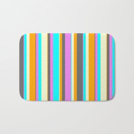 [ Thumbnail: Eye-catching Orange, Dim Grey, Violet, Cyan & Light Yellow Colored Pattern of Stripes Bath Mat ]