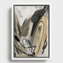 Drift [5]: a neutral abstract mixed media piece in black, white, gray, brown Framed Canvas