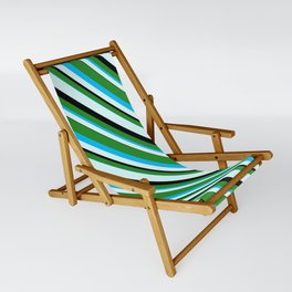 [ Thumbnail: Forest Green, Deep Sky Blue, Light Cyan & Black Colored Stripes/Lines Pattern Sling Chair ]