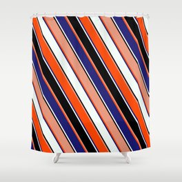 [ Thumbnail: Eye-catching Dark Salmon, Red, Midnight Blue, Mint Cream, and Black Colored Stripes Pattern Shower Curtain ]
