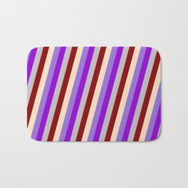 [ Thumbnail: Vibrant Bisque, Purple, Dark Violet, Grey & Dark Red Colored Striped Pattern Bath Mat ]
