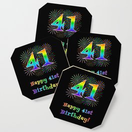 [ Thumbnail: 41st Birthday - Fun Rainbow Spectrum Gradient Pattern Text, Bursting Fireworks Inspired Background Coaster ]