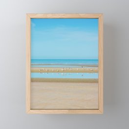 Seagulls on Beach Photo | Beige Blue Coastal Landscape Photography  Framed Mini Art Print