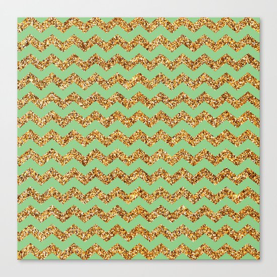 Sea Green Gold Glitter Chevron Canvas Print