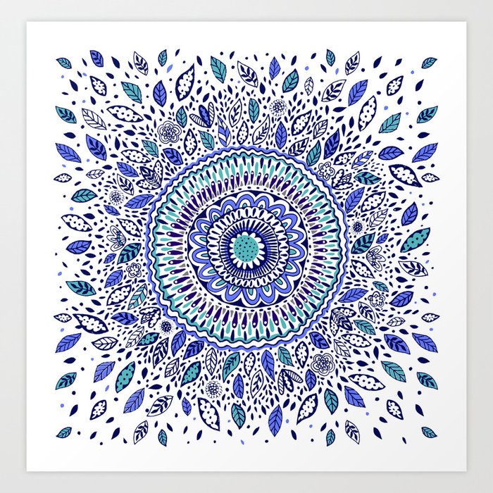 Indigo Flowered Mandala Art Print