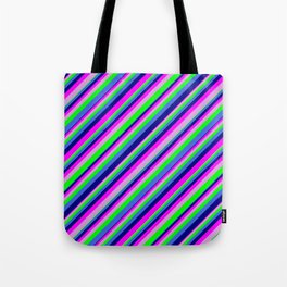 [ Thumbnail: Eyecatching Royal Blue, Blue, Fuchsia, Plum, and Lime Colored Lined/Striped Pattern Tote Bag ]