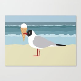 Cute seagull with ice cream by the sea Canvas Print