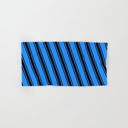 [ Thumbnail: Blue and Black Colored Striped/Lined Pattern Hand & Bath Towel ]