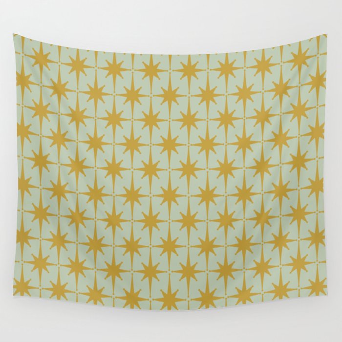 Midcentury Modern Atomic Starburst Pattern in Retro Celadon and Muted Mustard  Wall Tapestry