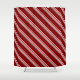 [ Thumbnail: Light Coral, Dim Grey & Maroon Colored Pattern of Stripes Shower Curtain ]