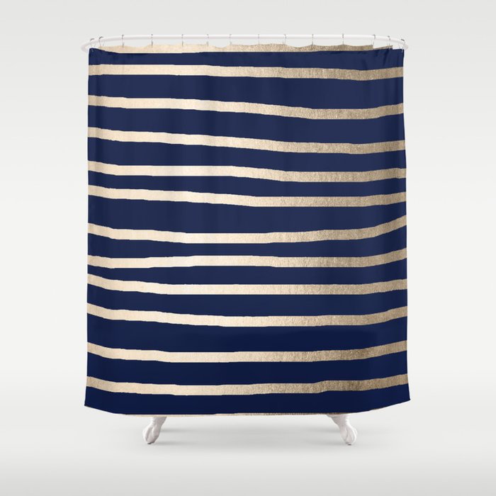 Drawn Stripes White Gold Sands on Nautical Navy Blue Shower Curtain ... Drawn Stripes White Gold Sands on Nautical Navy Blue Shower Curtain ...