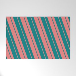 [ Thumbnail: Light Coral & Teal Colored Striped/Lined Pattern Welcome Mat ]