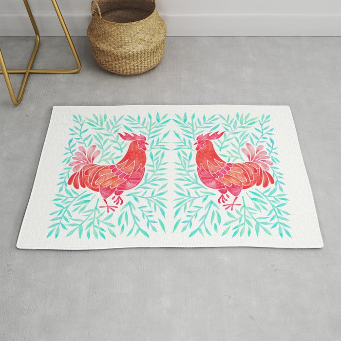 Le Coq – Watercolor Rooster with Mint Leaves Rug