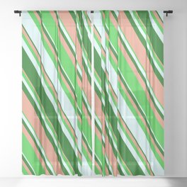 [ Thumbnail: Dark Salmon, Lime Green, Light Cyan, and Dark Green Colored Stripes/Lines Pattern Sheer Curtain ]