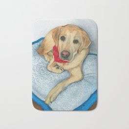 Gussie Bath Mat | Watercolor, Realism, Painting, Yellowlab, Dog, Blue, Ink 