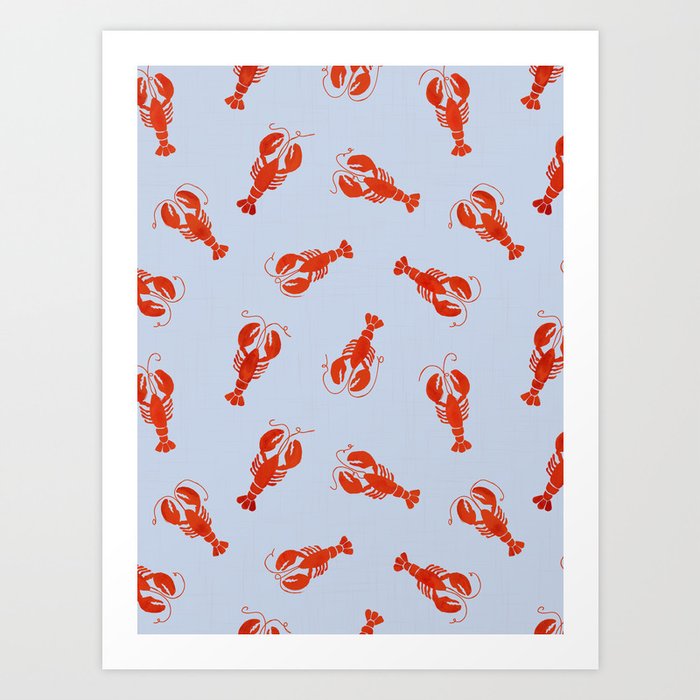 Classic Red Lobsters Pattern On Light Blue Art Print