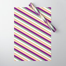 [ Thumbnail: Colorful Tan, Purple, Dark Sea Green, White, and Chocolate Colored Lines/Stripes Pattern Wrapping Paper ]