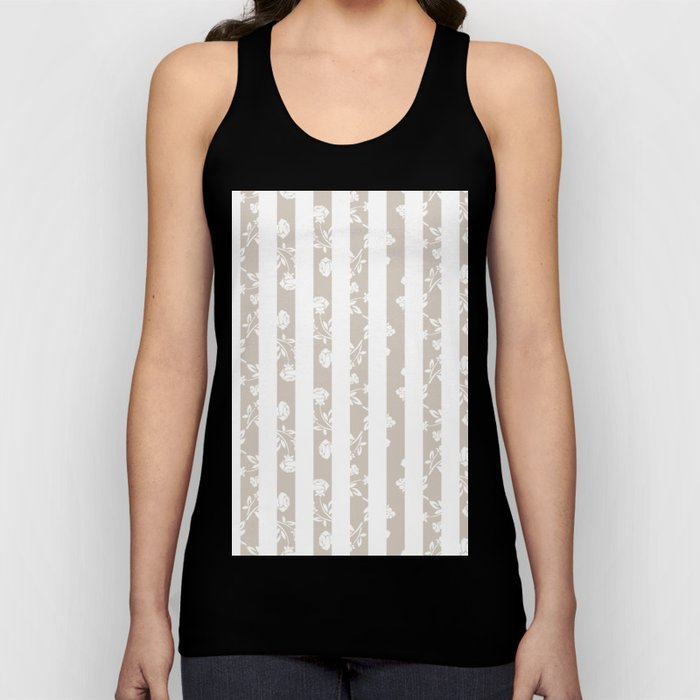 Floral White Rose Pattern on Sand Beige and White Stripes Tank Top