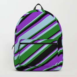 [ Thumbnail: Dark Orchid, Light Blue, Forest Green, and Black Colored Stripes/Lines Pattern Backpack ]