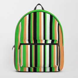 [ Thumbnail: Brown, Lime Green, Black & Mint Cream Colored Stripes Pattern Backpack ]