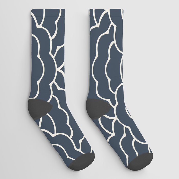 Japanese Scalloped Wave - Alabaster White + Naval Blue Socks