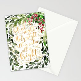 Watercolor Christmas greenery, Silent night Stationery Cards
