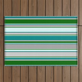 [ Thumbnail: Vibrant Light Cyan, Dark Cyan, Dark Grey, Light Grey, and Dark Green Colored Stripes Pattern Outdoor Rug ]
