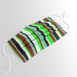 [ Thumbnail: Eyecatching Aquamarine, Maroon, Lime, Mint Cream & Black Colored Lined/Striped Pattern Face Mask ]