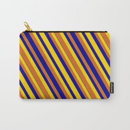 [ Thumbnail: Dark Blue, Yellow, and Chocolate Colored Striped/Lined Pattern Carry-All Pouch ]