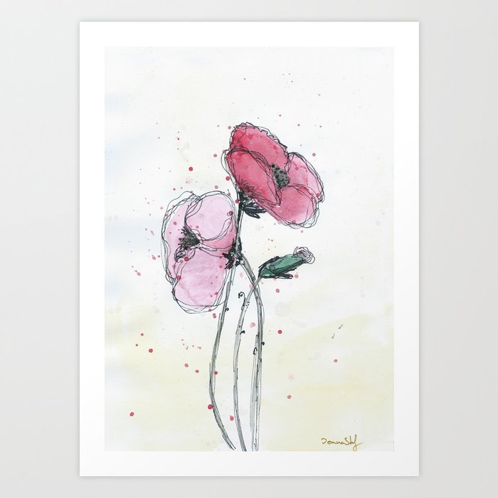 Poppies painting watercolor and black ink illustration Art Print