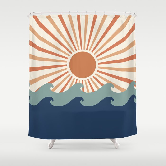 Retro, Sun and Wave Art, Blue and Orange Shower Curtain