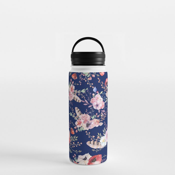 Hand Painted Navy Blue Pink Red Watercolor Boho Floral Water Bottle