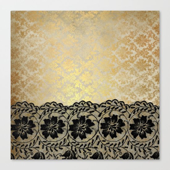 Black floral luxury lace on gold damask pattern Canvas Print