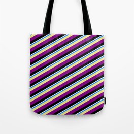 [ Thumbnail: Vibrant Blue, Tan, Purple, Black, and White Colored Pattern of Stripes Tote Bag ]