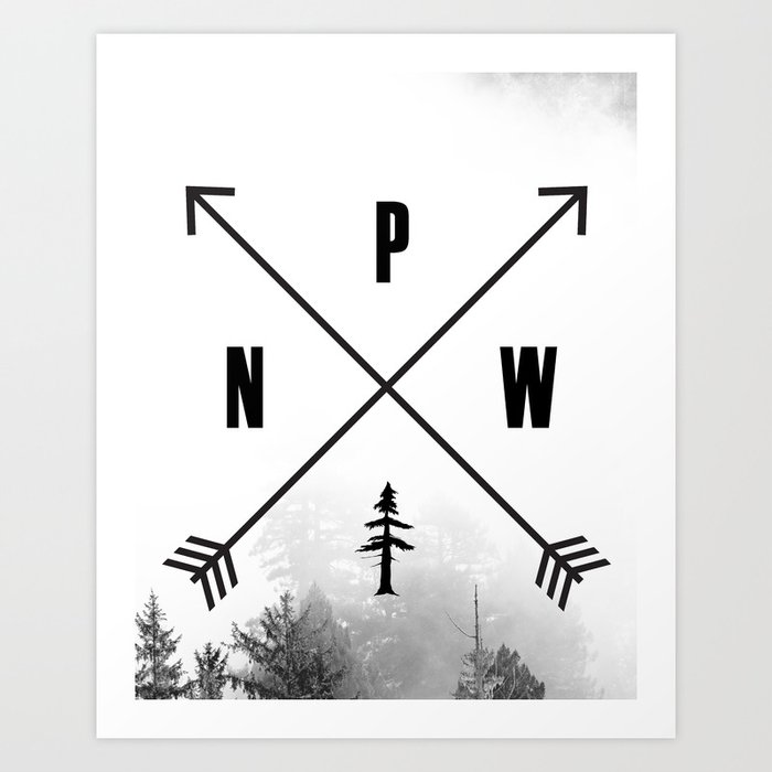 Pnw Pacific Northwest Compass Black And White Forest Art Print By Cascadia Society6