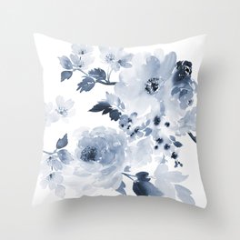 Floral Kingdom Watercolor Navy Blue Painting Of Flowers Peony Throw Pillow