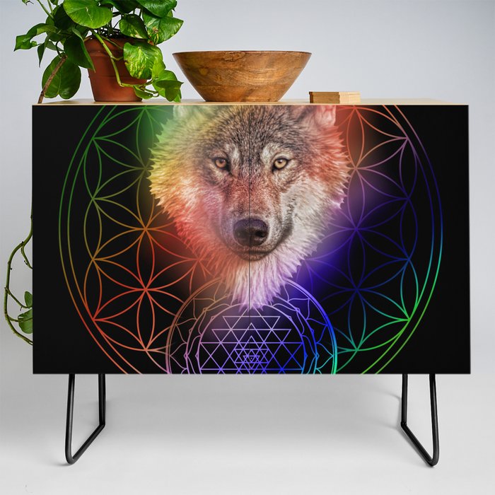 Colorful Wolf Sri Yantra Mandala Credenza